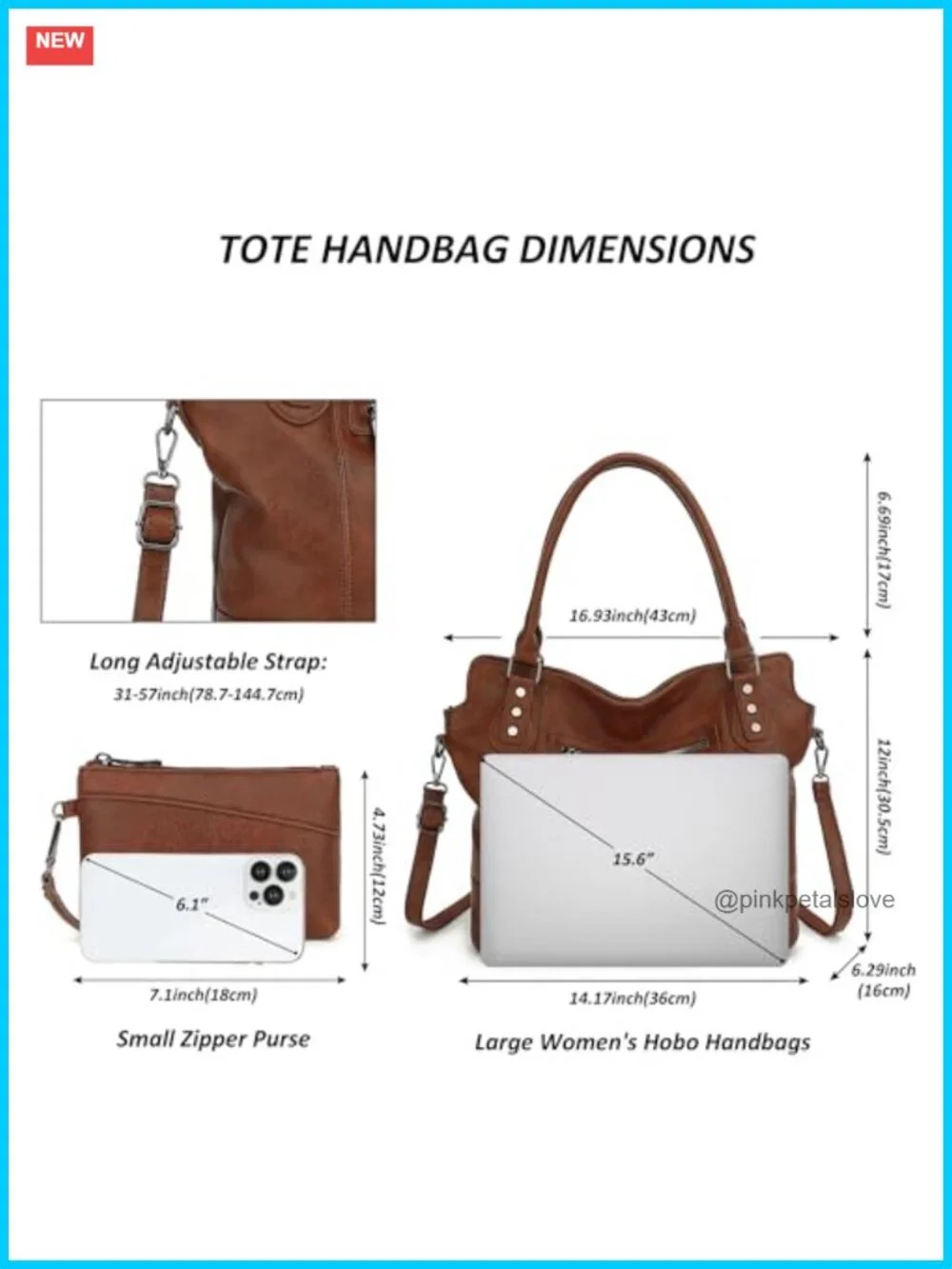 Large Vegan Leather Hobo Tote Bag with Laptop Compartment and Detachable Strap